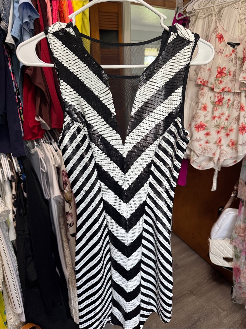 bebe Black and White Sequin Chevron Mini Dress